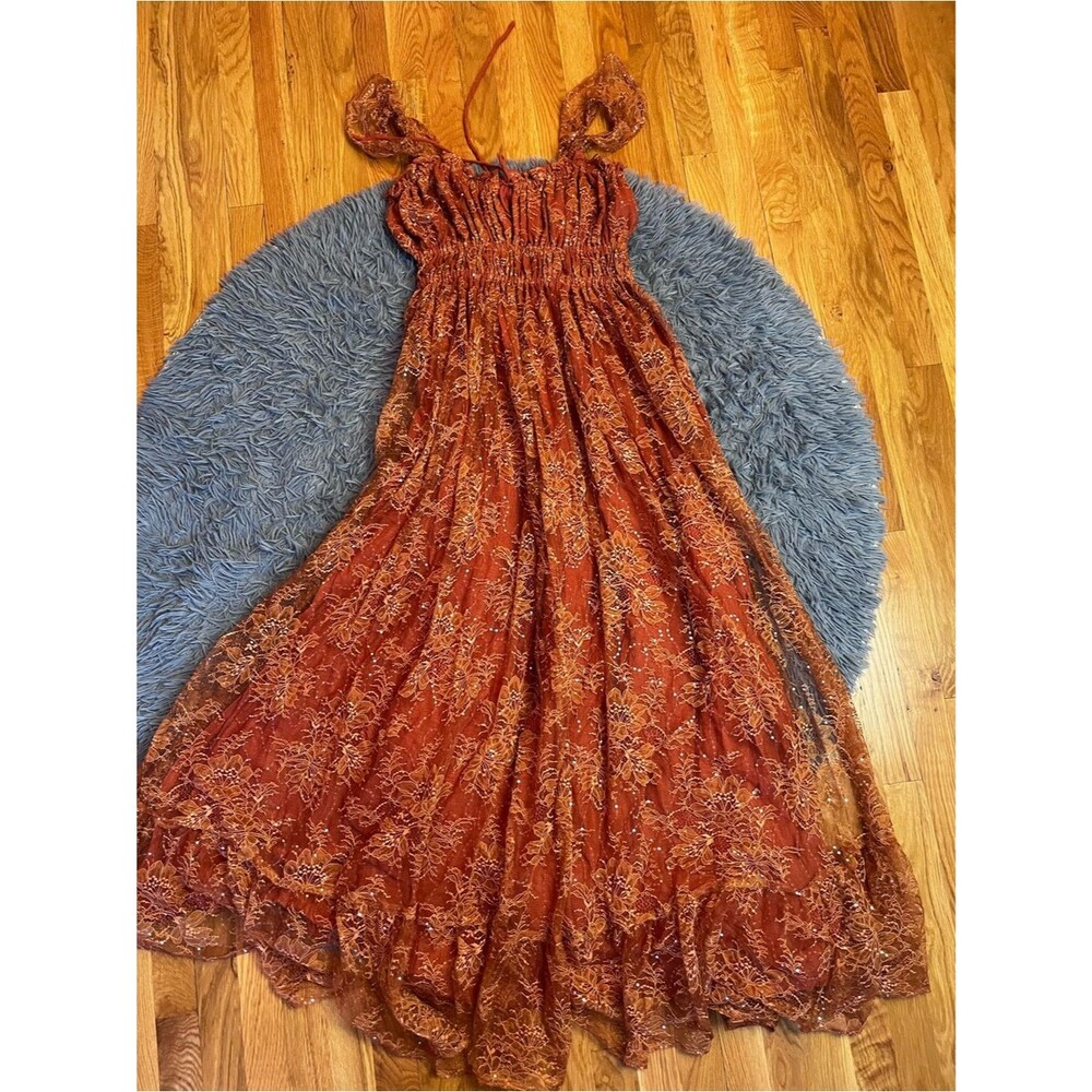 Reclamation Design Company Brown Sequin Smoked Lace Maxi Dress Size S